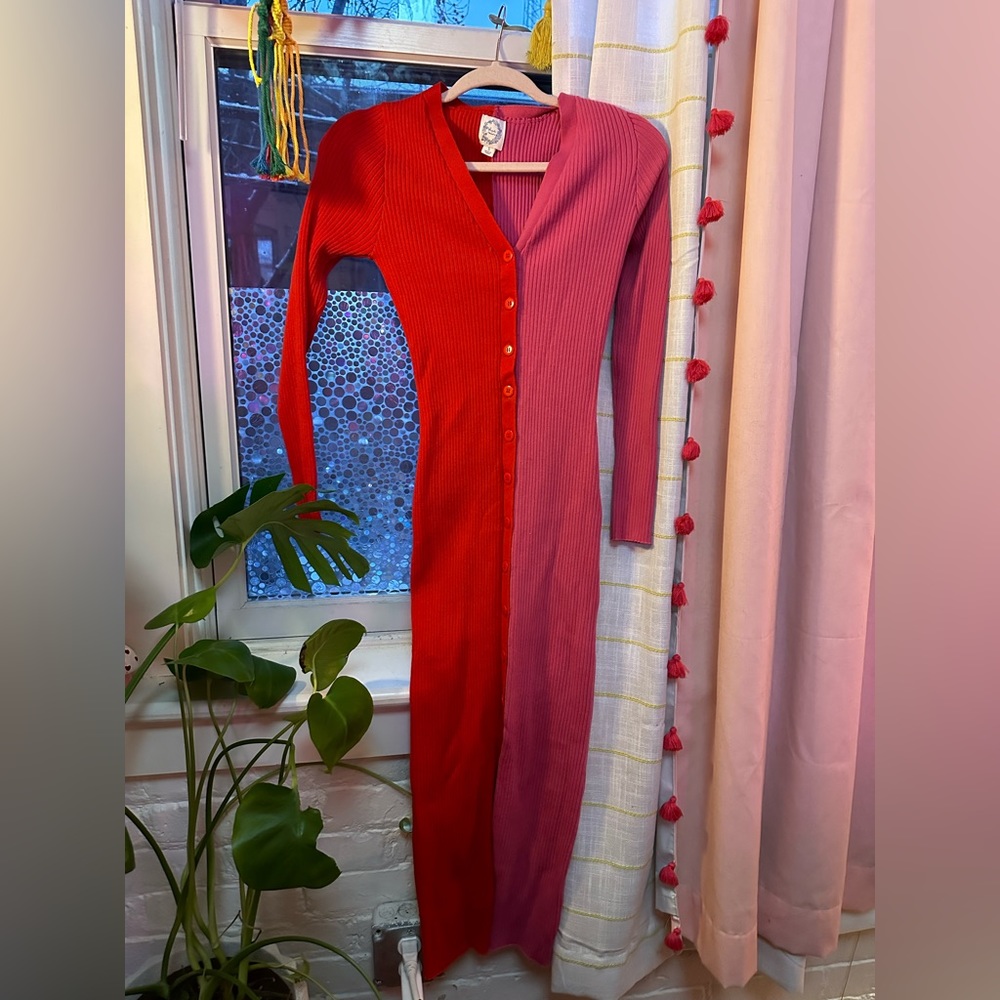 Knit Midi Sweater Dress Pink/Red Colorblock
